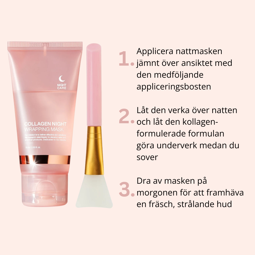 Collagen Night Wrapping Mask med appliceringsborste och instruktioner i tre steg.