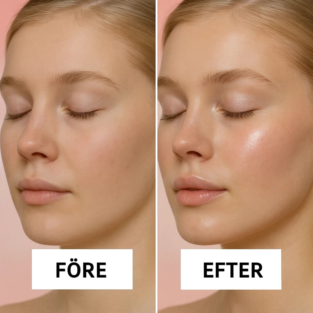 Före- och efterbild av ansikte efter användning av Luminous collagen night mask.