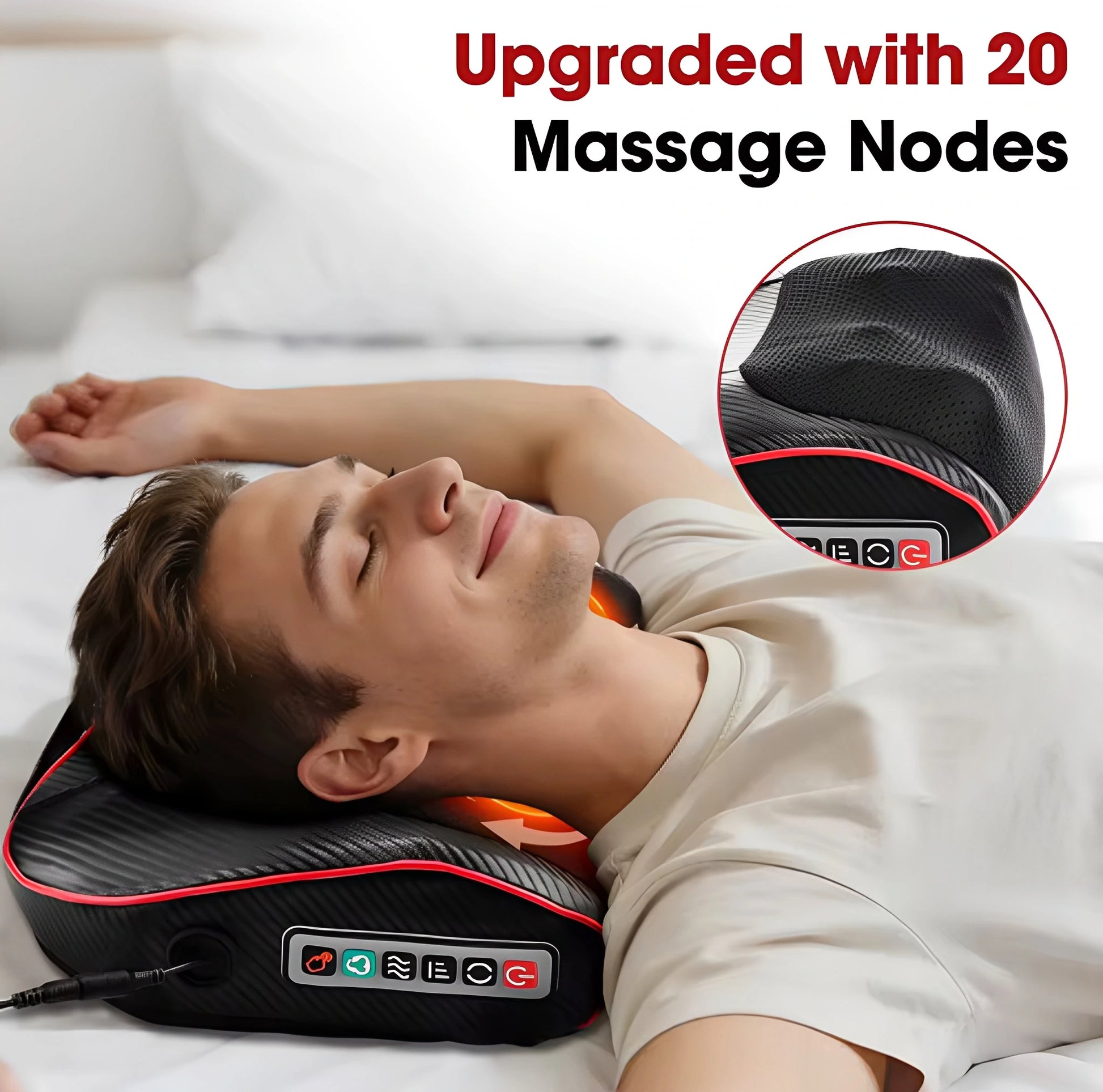 Person som ligger ned och använder massagekudde mot nacke med flera massagepunkter