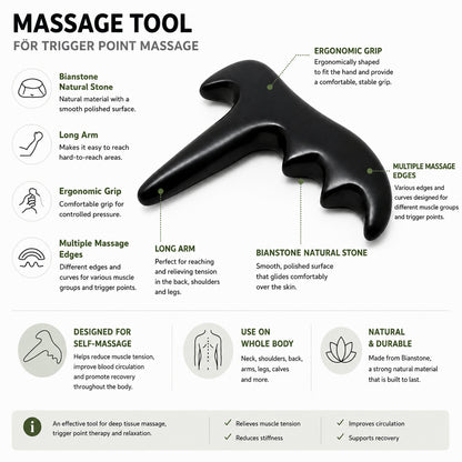 Ergonomiskt massageverktyg för triggerpunkts- och djupvävnadsmassage med flera massagekanter för nacke, rygg, axlar och ben.