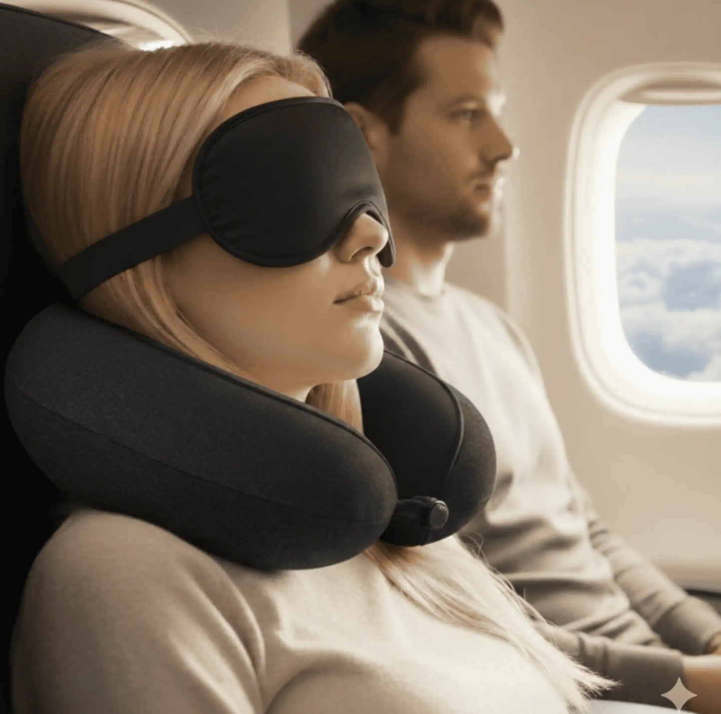 Person som vilar med resekudde på flygplan