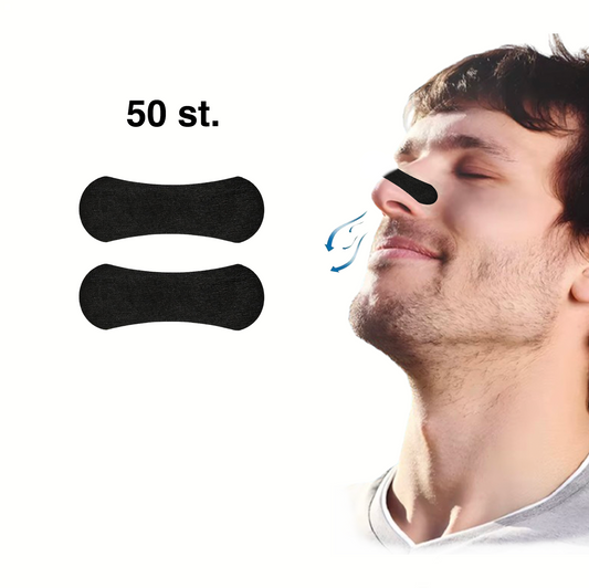 Man med näsremsa över näsan som andas fritt, bredvid två svarta näsremsor och texten ”50 st.”