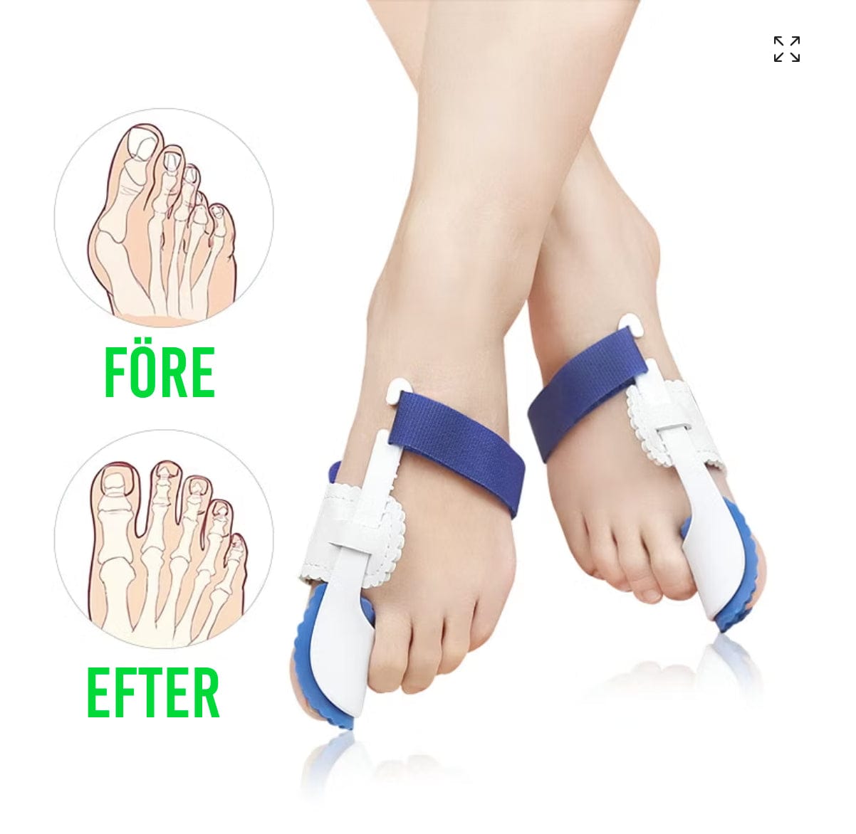 Jämförelse som visar stortåns position före och efter användning