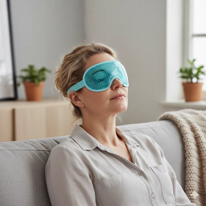 Person använder en gelögonmask för kylande eller värmande komfort under en lugn stund hemma.