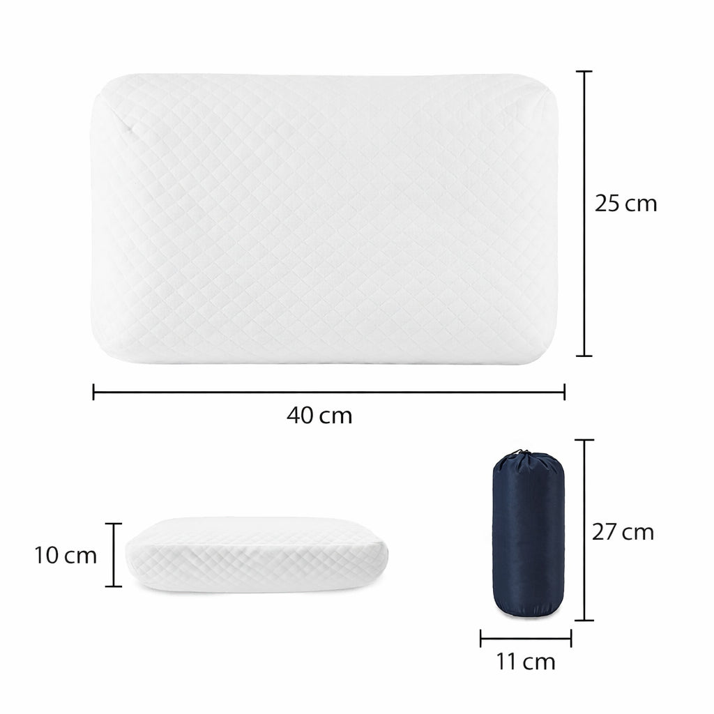 Ortopedisk minnesskumkudde i vitt med måttangivelser: 40 × 25 × 10 cm. 