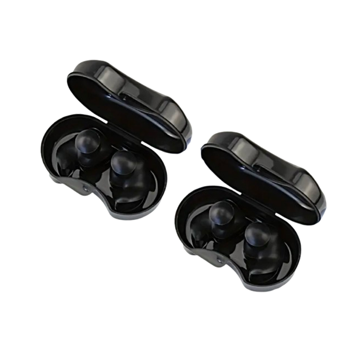 Silikon öronproppar i svart med medföljande förvaringsbox, visade i öppet etui