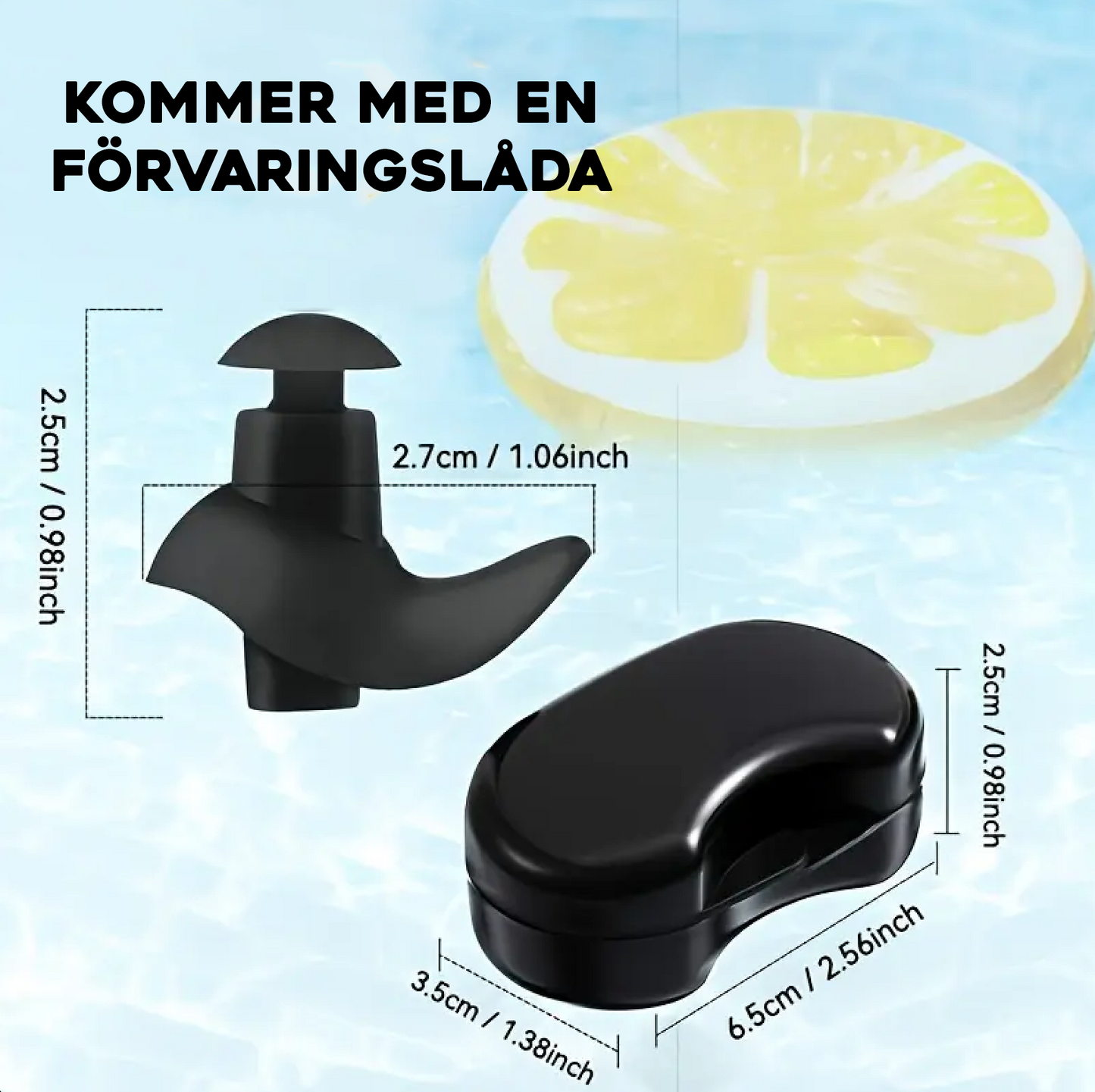 Silikon öronpropp med angivna mått samt medföljande förvaringsbox på ljus bakgrund