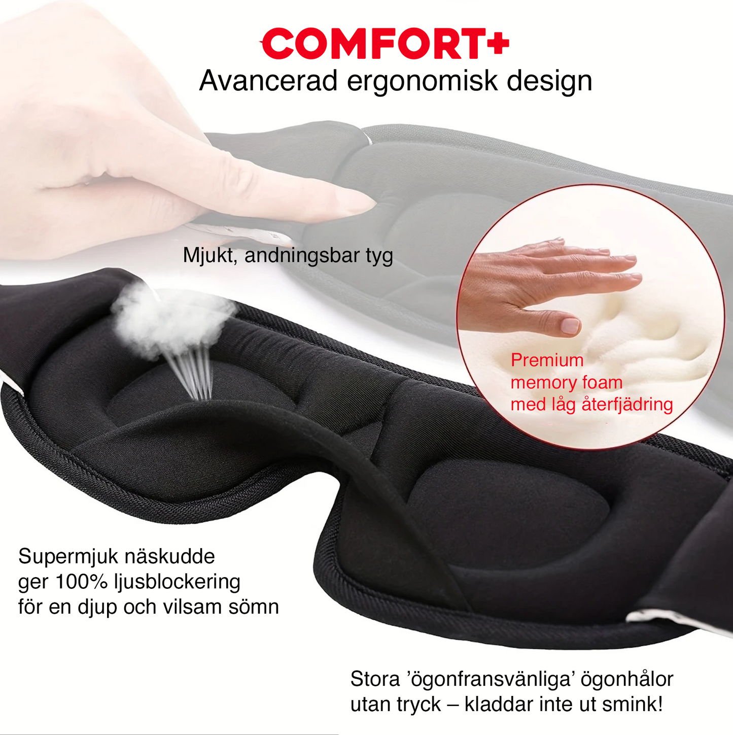 3D sovmask med ergonomisk design och memory foam.