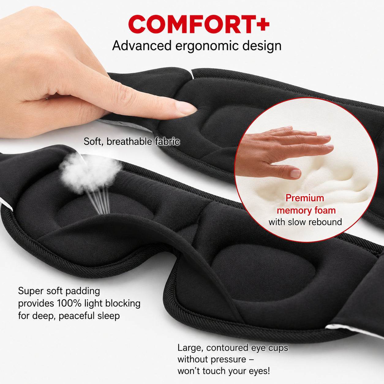 Närbild av 3D-sovmask med ergonomisk design och mjuk memory foam.
