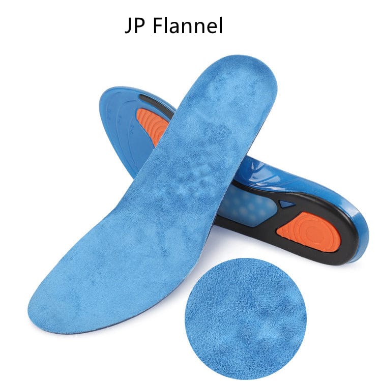Blå skoinlägg med mjukt ytskikt och flexibel konstruktion visade från ovan och undersidan.