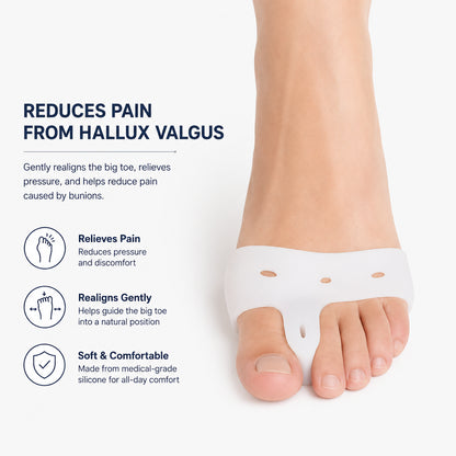 Hallux valgus-skydd i mjuk silikon som separerar stortån, minskar trycket mot stortåleden och ger bekväm avlastning hela dagen.
