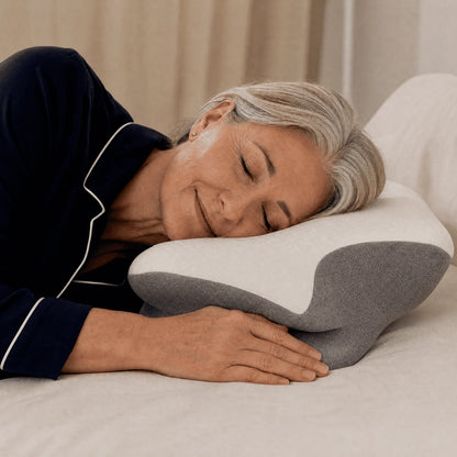 Äldre kvinna som sover på ergonomisk memory foam-kudde i sängen