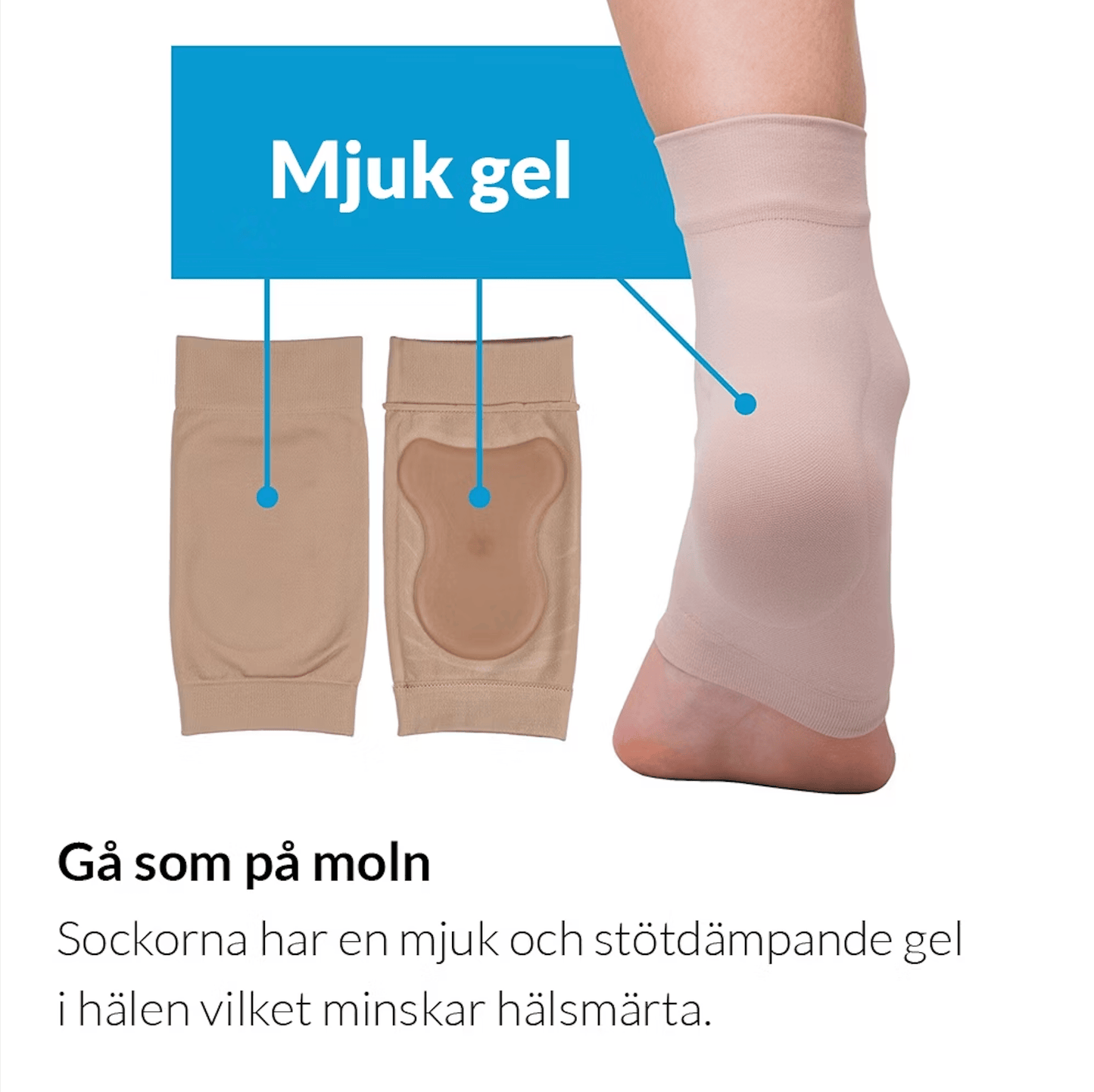 Inbyggd gelkudde för stötdämpning i stödstrumpa