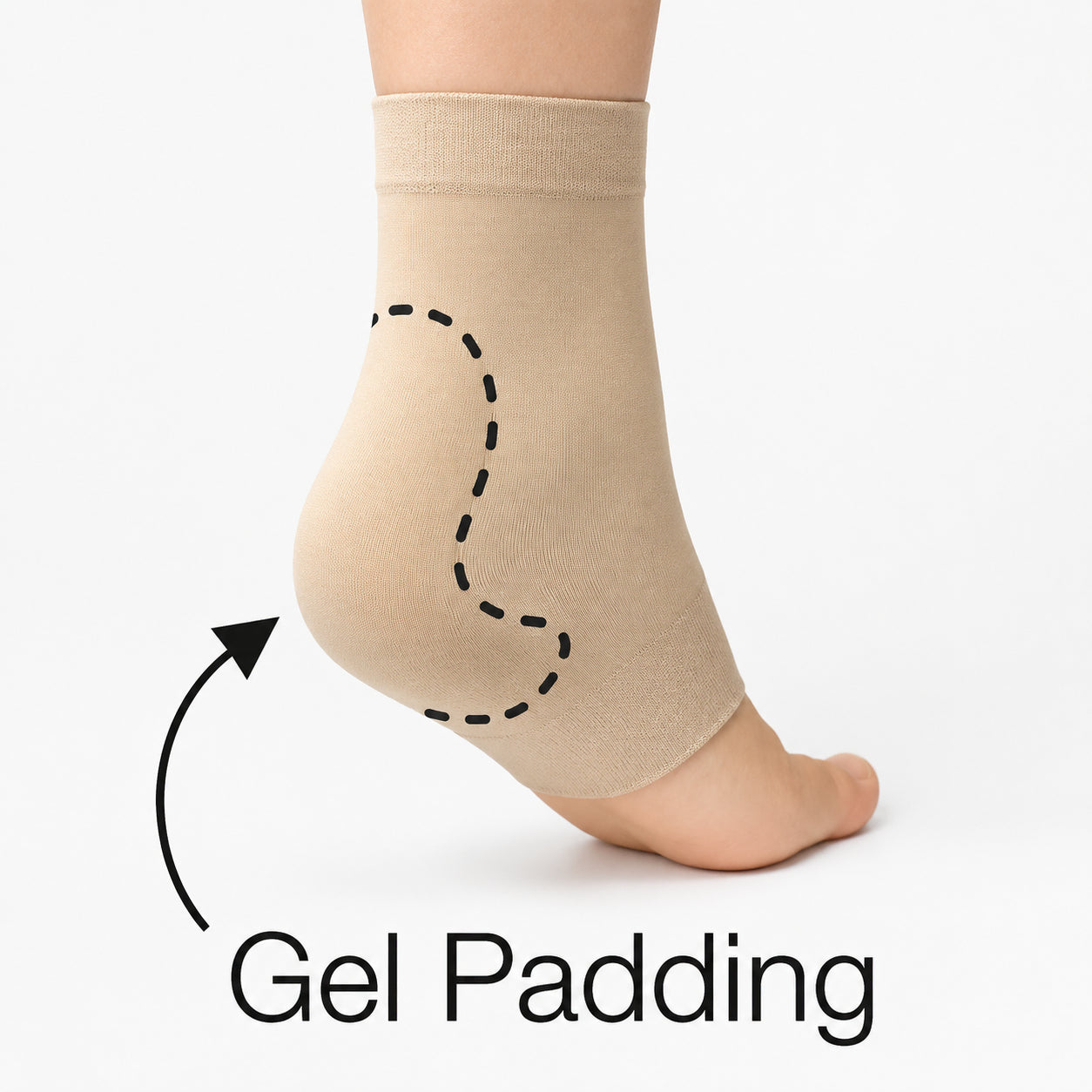 Beige stödstrumpa med markerad integrerad gelkudde runt hälen.