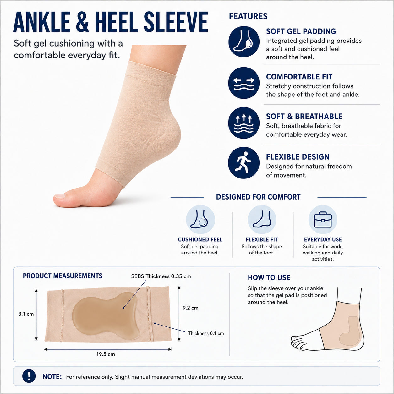 Infographic för beige stödstrumpa med gelkudde som visar material, passform, produktmått och placering runt hälen.