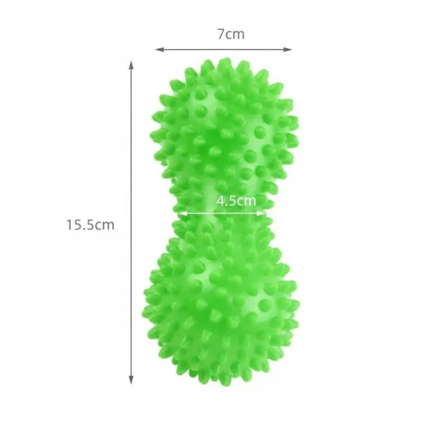Storleksbild av taggig massageboll i peanut-form med måttangivelser.