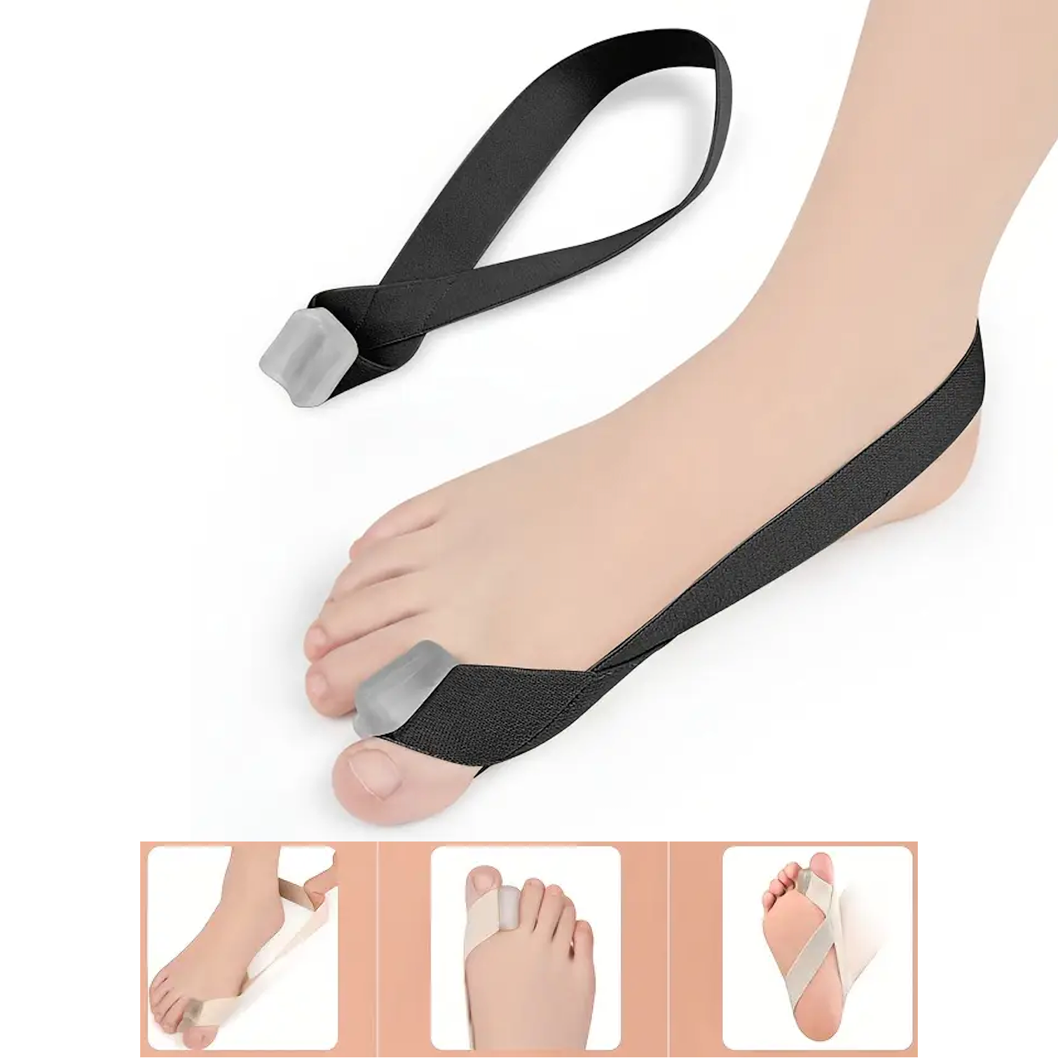 Tåseparator för hallux valgus som visar hur den sitter på foten.