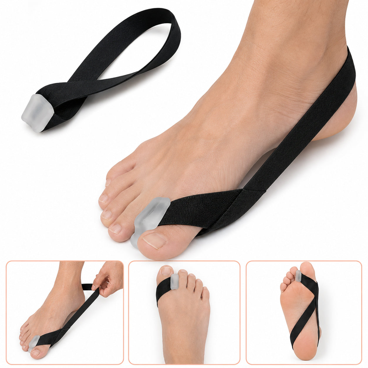 Tåseparator för hallux valgus med elastiskt band och mjuk silikonseparator som hjälper till att hålla stortån i bättre position.
