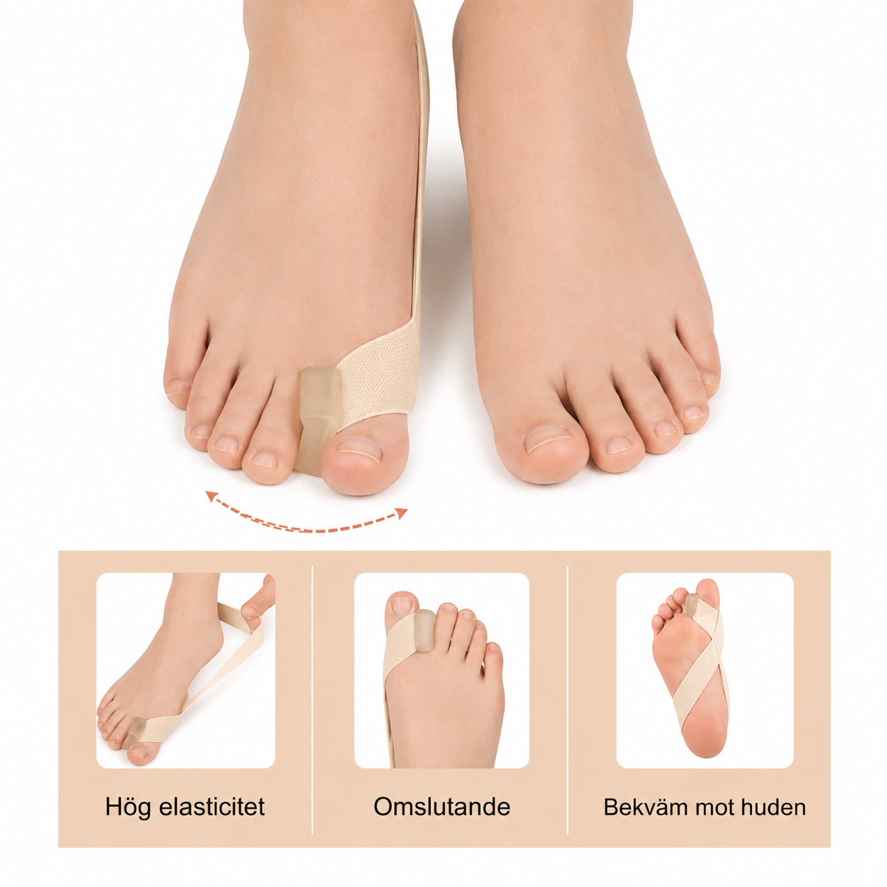 Tåseparator för hallux valgus med elastiskt band och mjuk design som ger stöd och bekväm passform runt stortån.