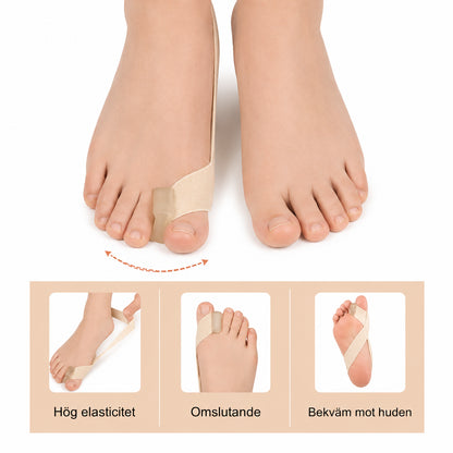 Tåseparator för hallux valgus med elastiskt band och mjuk design som ger stöd och bekväm passform runt stortån.