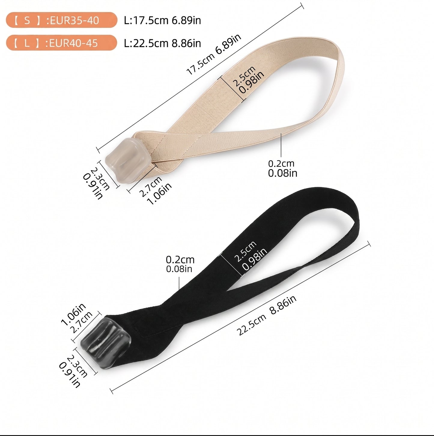 Tåseparator för hallux valgus i två storlekar med elastiskt band och mjuk silikonseparator för stortån.