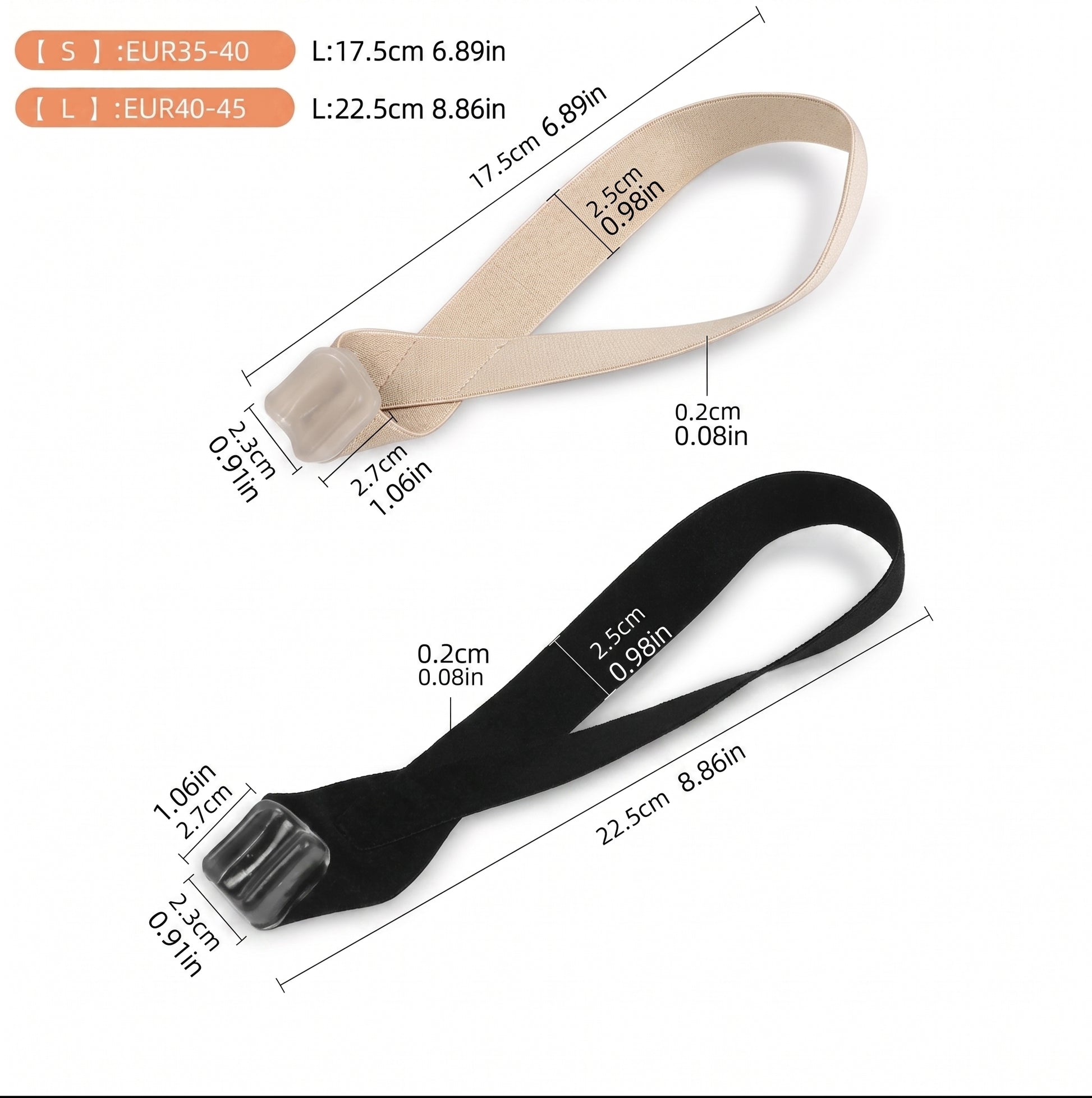 Tåseparator för hallux valgus i två storlekar med elastiskt band och mjuk silikonseparator för stortån.