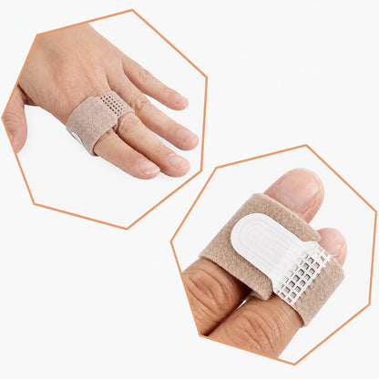 Återanvändbart fingerstöd med justerbar rem för stabilisering och positionering av fingrar.