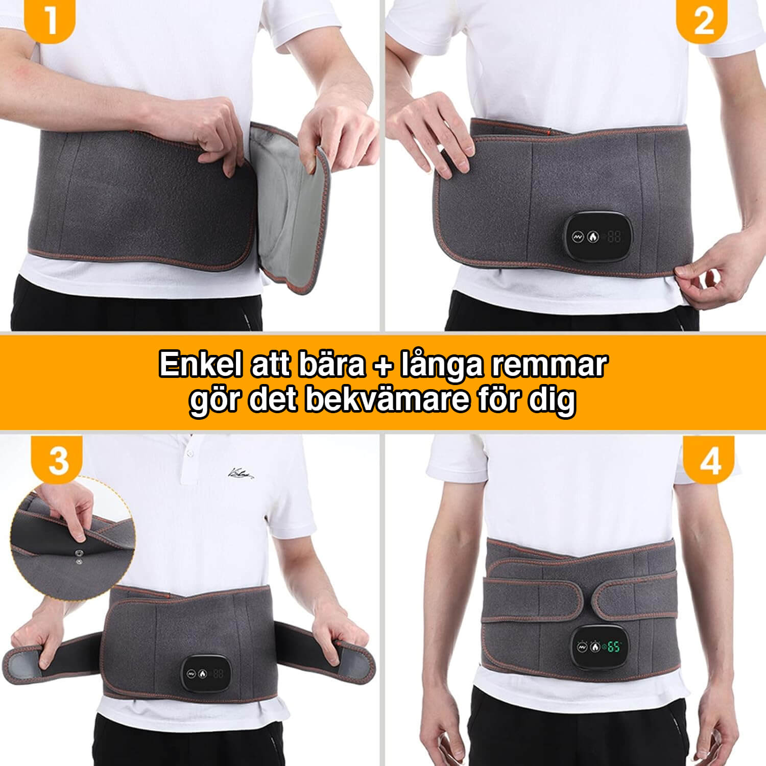 Trådlöst värmebälte för rygg och midja med justerbara remmar och enkel påtagning.